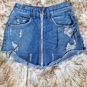 Camar LF zip up denim cutoff rhinestone skirt distressed sexy frayed